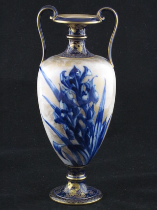 A Doulton Burslem Flo Bleu pattern twin handled urn, the base marked Doulton Burslem England, 1 handle f and r, 9 1/2"