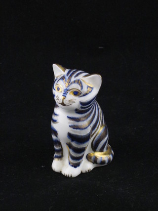 A Royal Crown Derby figure of a seated blue and gold cat, base marked LVIII 3"