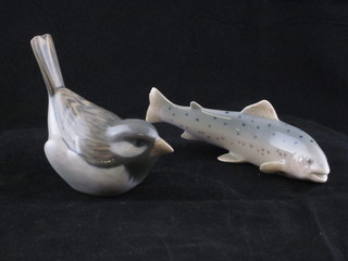 A Royal Copenhagen figure of a trout, base marked 1062, 4", chipped, and a Royal Copenhagen figure of a bird, base marked  1051 3"