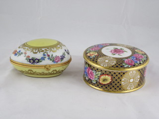 A French boat shaped porcelain trinket box with hinged lid 2  1/2" together with a circular Spode jar and cover 4"