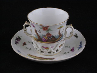 A 19th Century German porcelain twin handled invalids cup with pierced base ,f, decorated Romantic scenes