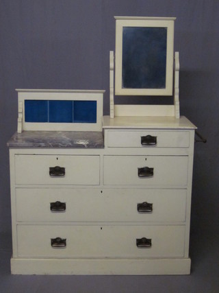 An Edwardian Art Nouveau white painted pine wash stand/chest  with mirror above 3 short and 2 long drawers with white veined  marble top and tiled splash back by JAS Shoolbred 41"
