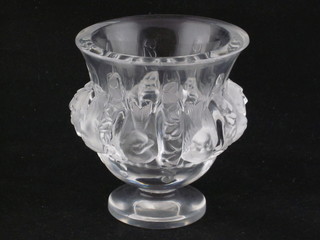 A circular Lalique bell shaped vase decorated birds and raised on  a spreading foot 5"