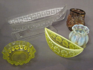 A Victorian pressed glass vase in the form of a boat 12", do. boat shaped vase, do. circular dish and a Vaseline glass vase 3"