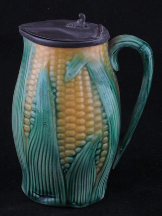 A 19th Century Majolica jug with pewter lid in the form of a  sweetcorn 6"