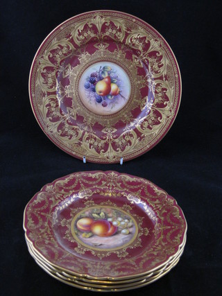 A 5 piece Royal Worcester dessert service with gilt ground, the  centres painted fruit by R Lewis, comprising 10" serving plate  and 4 8 1/2" side plates, ILLUSTRATED