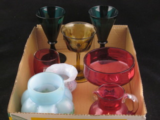 A pair of 19th Century green glass trumpet shaped vases, 1 other wine glass, a cranberry glass jug etc