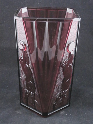 A Continental waisted amethyst glass vase decorated a Netball Player, the base marked Vslbelcique 9"