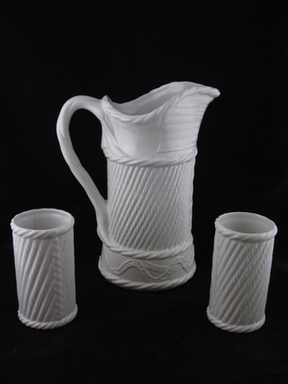 A Port Meirion white glazed pottery 7 piece lemonade set to commemorate the laying of the transatlantic telegraph cable, the  jug and beakers in the form of cables