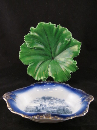A Copeland green leaf shaped dish 10" and a blue pottery twin handled dish decorated Windsor Castle