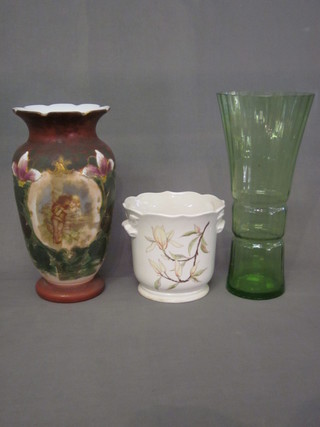 A green waisted glass vase 14", an opaque glass vase 13" and a pottery jardiniere 7"