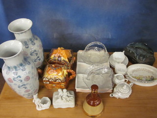 An oval Shelley baby plate, an Arthur Price Cottageware teapot  and matching biscuit barrel, 2 club shaped vases, a Poole Pottery  dish and other decorative items