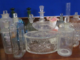 An oval cut glass biscuit barrel 8", 2 circular Baccarat dishes and  other glassware, pharmacy bottles, etc, etc,