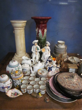 A pair of 19th Century Staffordshire figures in the form of  seated lady and gentleman musicians, 2 Staffordshire figures, a  part Noritake tea service, 2 ginger jars, an Oriental coffee service  etc