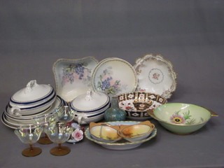 A porcelain dessert service, a Carltonware twin handled dish, 2 Noritake dishes, various decorative china and a part blue and gilt  banded dinner service