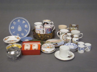 A Wedgwood blue Jasperware Montreal Olympic plate together with a collection of Coronation mugs, Aynsley china and other  decorative items