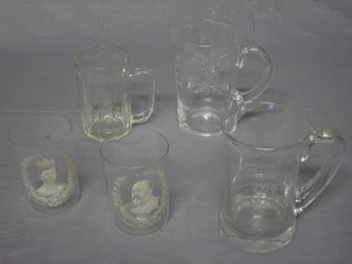 A George VI 1937 engraved glass tankard, do. QEII Coronation, Edward VIII and other commemorative tankards (5)