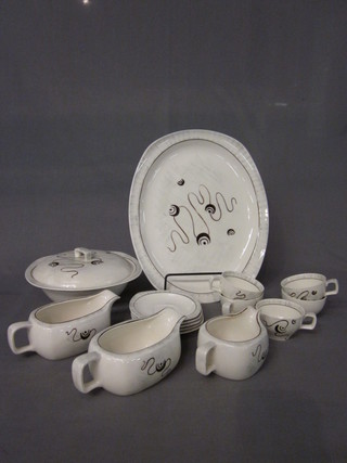 A 15 piece Mid Winter Fantasy pattern dinner/coffee service comprising 14" meat plate, 9" circular vegetable tureen, a pair of  6" sauce boats, cream jug, 5 coffee cups and saucers - 1 chipped,