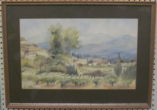 Georgina Ling MDD, watercolour drawing "Mountain View  from Cairrinne Provence" 10" x 16"