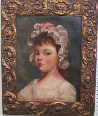 An 18th/19th Century oil on canvas, head and shoulders portrait "Bonnetted Girl" 16" x 12" contained in a decorative gilt frame  ILLUSTRATED