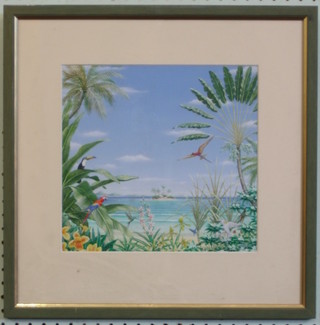 Christopher Bentley, watercolour drawing "Desert Island with Fabulous Birds" signed and dated '91 10" x 11"