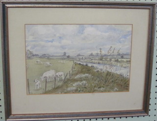 Watercolour drawing "Sheep by a River" monogrammed CMS?  8" x 12"