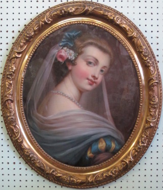 Oil on canvas, mounted on glass, oval head and shoulders  portrait "Lady" 18" contained in a decorative gilt frame