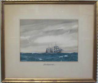 Hunter Wood, watercolour drawing "Barkentine Steering The  Horn" 11" x 14"