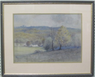 V Ross, pastel drawing "Blackthorn and Bluebells at Darwell Reservoir" 12" x 17"