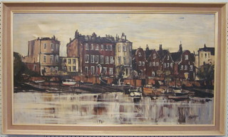 Grant, impressionist oil on canvas "Continental River with  Buildings and Moored Boats" 19" x 35"