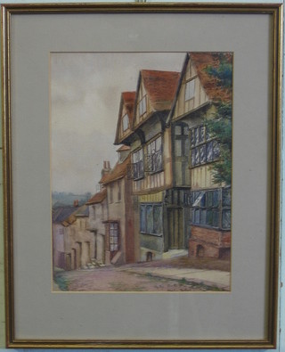 Phyllis Bethell, watercolour drawing "Hill with Half Timbered Houses" 11" x 8"