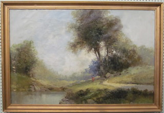 J Della Selvo, Continental oil on canvas "Lady Walking by a  Stream" 23" x 34"