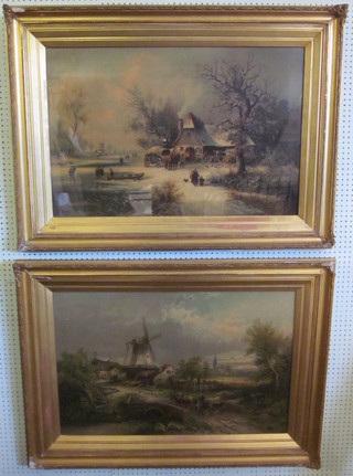 A pair of large Victorian enhanced coloured prints "Windmills"  33" x 35", contained in decorative gilt frames