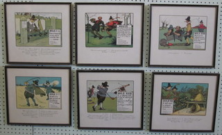 6 French and English framed coloured prints "The Rules of Golf- Rule 1g, Rule 1i, Rule 7, Rule 11, Rule 17 and Rule 23" all  contained in Hogarth frames 6" x 8 1/2"