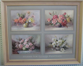 Jack Carter, studies of floral paintings 1976, a set of 4  watercolours, still life studies "Bowls of Flowers" 6 1/2" x 9"  contained in one frame 