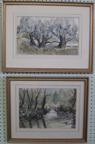 A J I Jenning, 2 watercolour drawings "Willows" 8" x 11" and Foot Bridge" 7" x 12"