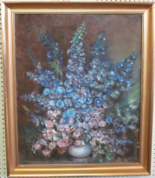 A J I Jenning, oil on board, still life study "Vase of Flowers" 24"  x 19", the reverse marked Reaburn Studio