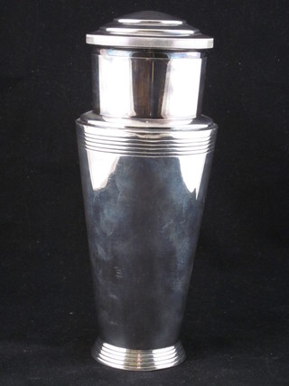 A rare Keith Murray designed Art Deco silver plated cocktail  shaker by Mappin & Webb, the base marked Mappin & Webb,  Mappin Patent London, W28721 0288  ILLUSTRATED