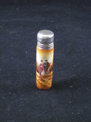 A Continental cylindrical porcelain perfume phial with silver lid  2 1/2"