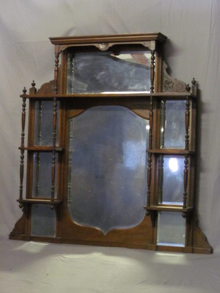 An Edwardian walnut framed multiple plate over mantel mirror  41"