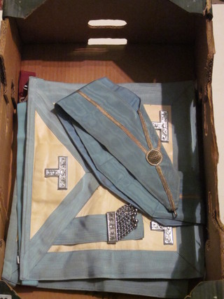 A Master Masons apron, a Past Masters apron and collar and a  Royal Arch Companion's apron and sash