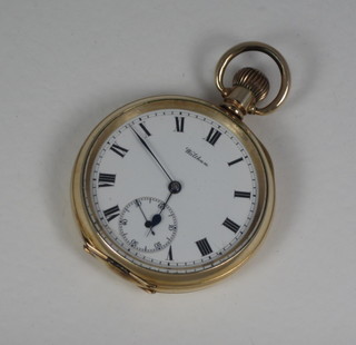 A gentleman's open faced pocket watch by Waltham contained in  a gold plated case