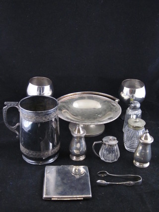A silver plated pint tankard, 2 silver plated goblets, a silver plated card case, do. bowl, salt and pepper, 2 glass jars and a  pair of tongs