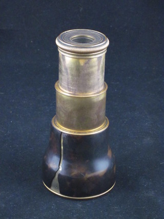 A 19th Century French brass and tortoiseshell 2 draw monocular,  crack to casing,