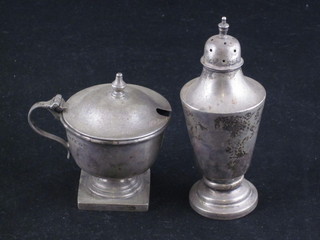 A Victorian silver mustard pot, raised on a square foot, Sheffield 1888 together with a silver pepperette, 3 ozs