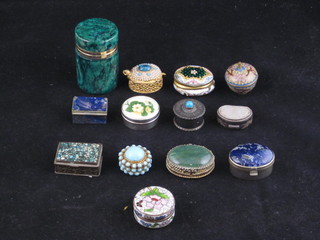 A crescent shaped Oriental trinket box with hinged lid, a circular  Continental silver trinket box, a circular silver and enamelled  trinket box and 10 others