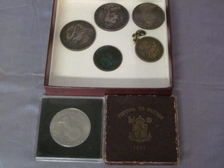 A Victorian 1887 half crown, an 1889 crown, an 1896 crown, a small collection of Festival of Britain crowns and a small collection of coins