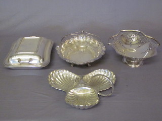 A rectangular silver plated twin handled entree dish and cover, 2 cake baskets and a 3 section hors d'eouvres dish