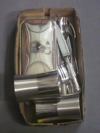 A small collection of Kings Pattern flatware and a rectangular chromium plated butter dish and 2 do. beakers