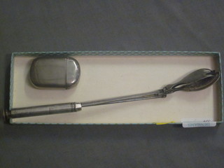 A Fielder's silver plated patent pickle fork and a miniature vesta  case, together with a silver napkin ring, not shown in photograph 